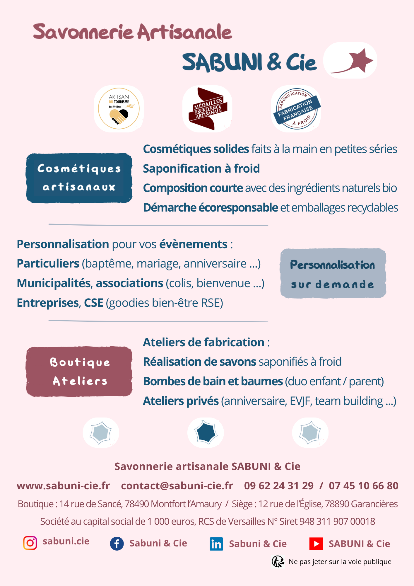 Flyer de la savonnerie artisanale qui met en avant ses prestations de fabrication de cosmétiques naturels, de personnalisation, et d'ateliers créatifs (verso)
